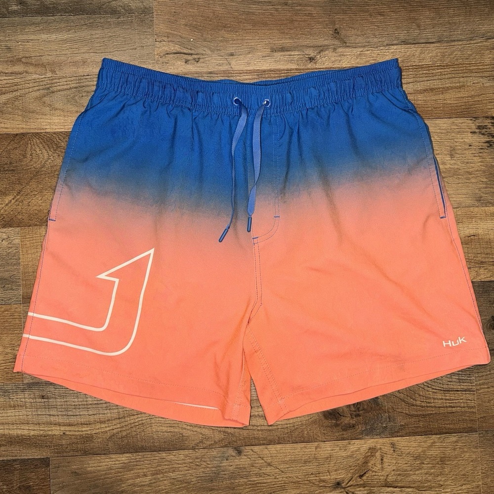 Huk Mens Performance Fishing Shorts Large Blue Orange Ombre Board Shorts